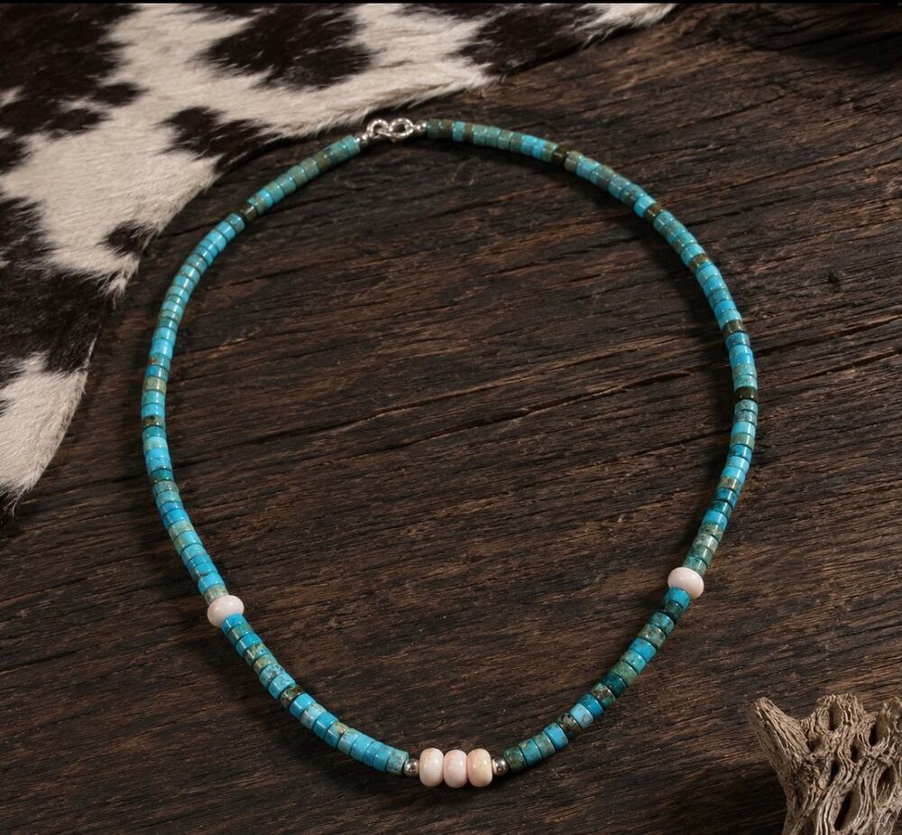 16" Turquoise & Pink Conch 5mm Turquoise Heishi Necklace